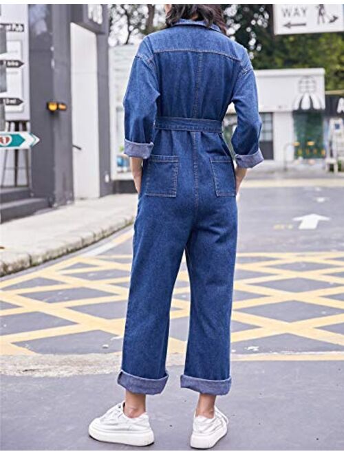 Omoone Long Sleeve Belted Wide Leg Denim Coverall Jumpsuits