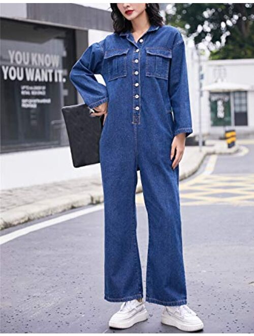 Omoone Long Sleeve Belted Wide Leg Denim Coverall Jumpsuits