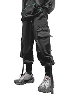 Men's Womens Zipper Ribbon Straps Streetwear Jogger Cargo Ninth Pants with Pockets