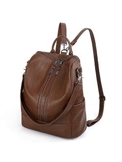 Women Backpack Purse PU Washed Leather Convertible Ladies Rucksack Double Zipper Pockets with Shoulder Strap