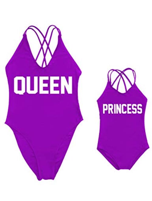 Mommy and Me Matching Family Swimsuit Queen & Princess One Piece Mother Daughter Girls Swimwear Cross Back Bathing Suits