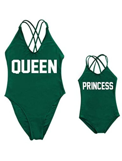 Mommy and Me Matching Family Swimsuit Queen & Princess One Piece Mother Daughter Girls Swimwear Cross Back Bathing Suits