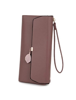 UTO-Wristlet-Wallet-for-Women-Leather PU Card Phone Checkbook Holder Zipper Coin Purse Leaf Pendant Strap