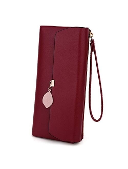 UTO-Wristlet-Wallet-for-Women-Leather PU Card Phone Checkbook Holder Zipper Coin Purse Leaf Pendant Strap