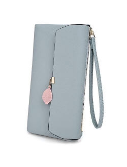 UTO-Wristlet-Wallet-for-Women-Leather PU Card Phone Checkbook Holder Zipper Coin Purse Leaf Pendant Strap