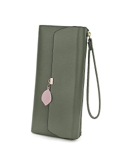 UTO-Wristlet-Wallet-for-Women-Leather PU Card Phone Checkbook Holder Zipper Coin Purse Leaf Pendant Strap