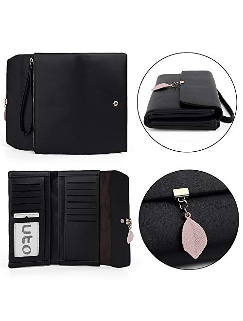 UTO-Wristlet-Wallet-for-Women-Leather PU Card Phone Checkbook Holder Zipper Coin Purse Leaf Pendant Strap