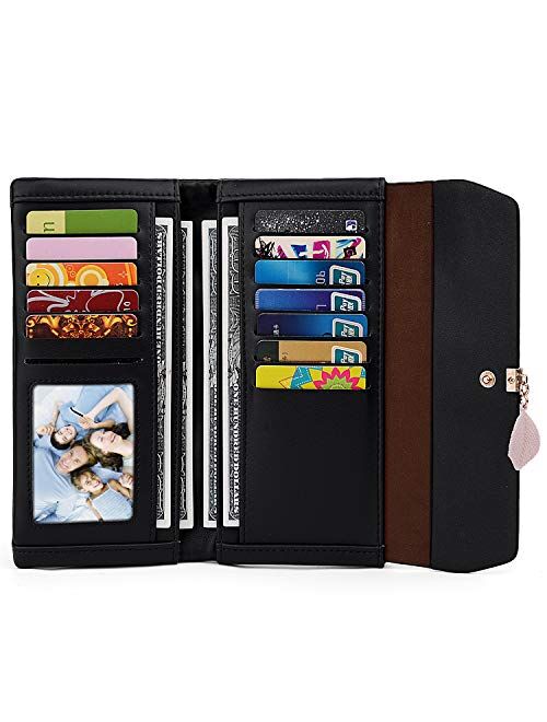 UTO-Wristlet-Wallet-for-Women-Leather PU Card Phone Checkbook Holder Zipper Coin Purse Leaf Pendant Strap