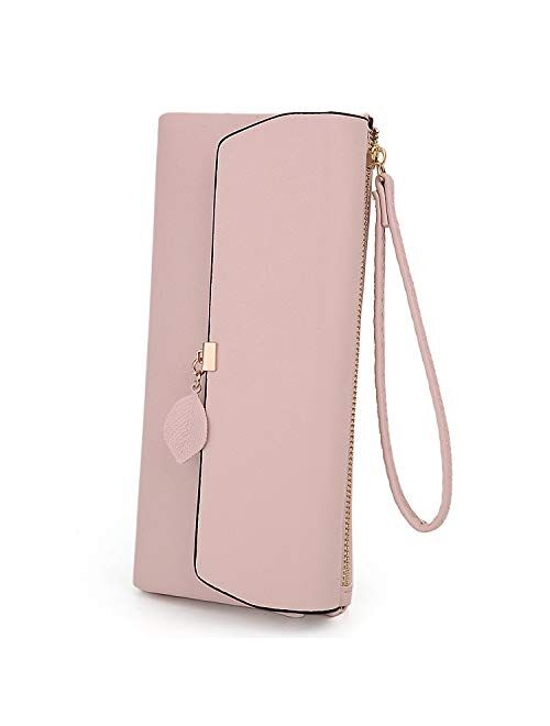 UTO-Wristlet-Wallet-for-Women-Leather PU Card Phone Checkbook Holder Zipper Coin Purse Leaf Pendant Strap