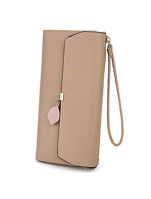 UTO-Wristlet-Wallet-for-Women-Leather PU Card Phone Checkbook Holder Zipper Coin Purse Leaf Pendant Strap