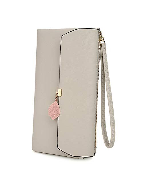 UTO-Wristlet-Wallet-for-Women-Leather PU Card Phone Checkbook Holder Zipper Coin Purse Leaf Pendant Strap