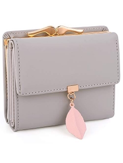 Small Wallet for Women PU Leather Leaf Pendant Card Holder Organizer Coin Purse