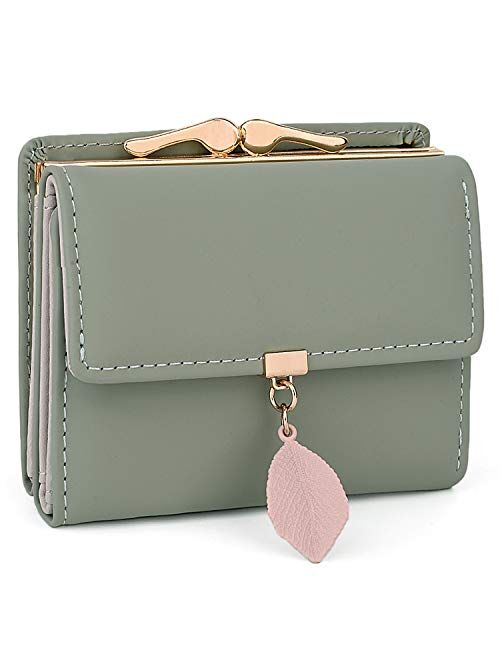 UTO Small Wallet for Women PU Leather Leaf Pendant Card Holder Organizer Coin Purse