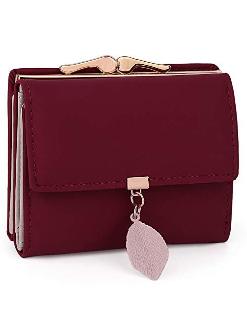 UTO Small Wallet for Women PU Leather Leaf Pendant Card Holder Organizer Coin Purse