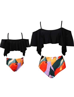 DINIGOFIN Girls Two Pieces Swimsuit for Women High Waisted Bikini Set Mommy and Me Bathing Suits Family Matching Swimwear