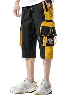 Men's Two Tone Elastic Waist Capri Pants Jogger Cargo Shorts with Multi Pocket