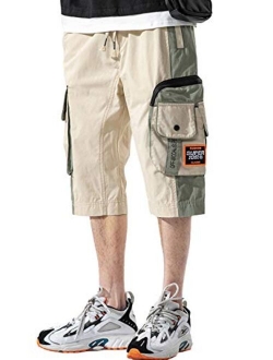 Men's Two Tone Elastic Waist Capri Pants Jogger Cargo Shorts with Multi Pocket