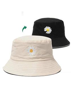 Flower Embroidery Bucket Hat Summer Travel Bucket Beach Sun Hat Reversible Visor Outdoor Cap