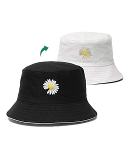 Flower Embroidery Bucket Hat Summer Travel Bucket Beach Sun Hat Reversible Visor Outdoor Cap