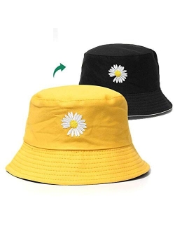 Flower Embroidery Bucket Hat Summer Travel Bucket Beach Sun Hat Reversible Visor Outdoor Cap