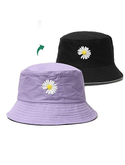 Flower Embroidery Bucket Hat Summer Travel Bucket Beach Sun Hat Reversible Visor Outdoor Cap