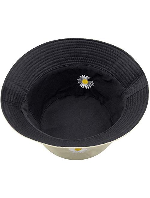 HONIEE Flower Embroidery Bucket Hat Summer Travel Bucket Beach Sun Hat Reversible Visor Outdoor Cap