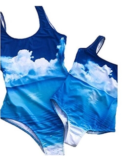 Mother Daughter One Piece Blue Sky Print Backless Swimsuit Family Matching Swimwear Beach Bathing Suit