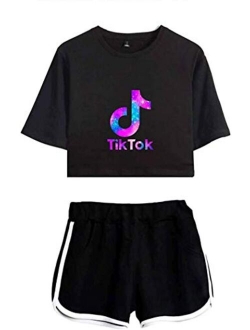 Womens TIK Tok Crop Top T-Shirt with Shorts 2pcs Set Tracksuit Sportswear Suit for Girls