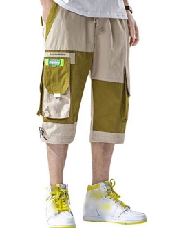 Men's Cargo Jogger Two Tone Elastic Waist Capri Pants Shorts with Multi Pocket