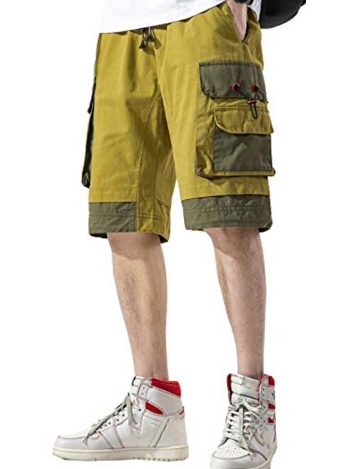 MOKEWEN Men's Two Tone Cargo Jogger Elastic Waist Fifth Pants Shorts with Multi Pocket