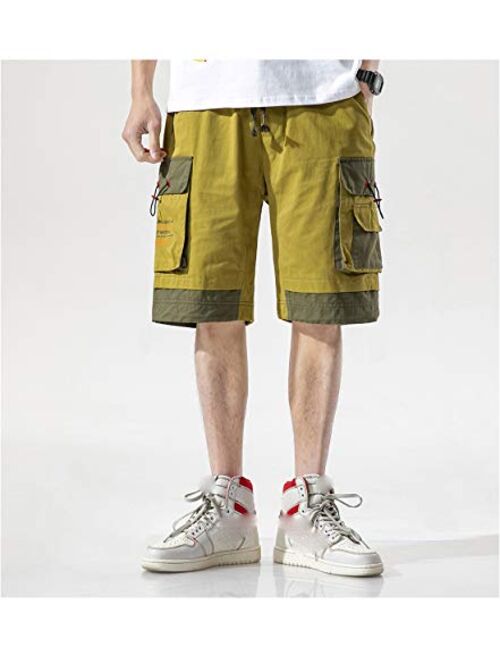 MOKEWEN Men's Two Tone Cargo Jogger Elastic Waist Fifth Pants Shorts with Multi Pocket