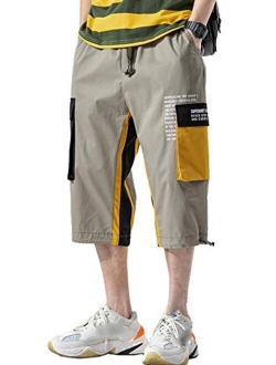 Men's Techwear Cargo Jogger Elastic Waist Capri Pants Shorts Multi Pocket