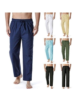 Mens Linen Pants Elastic Waist Drawstring Yoga Beach Trousers