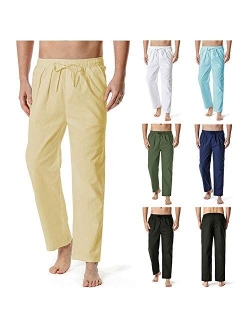 Mens Linen Pants Elastic Waist Drawstring Yoga Beach Trousers