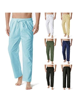 Mens Linen Pants Elastic Waist Drawstring Yoga Beach Trousers