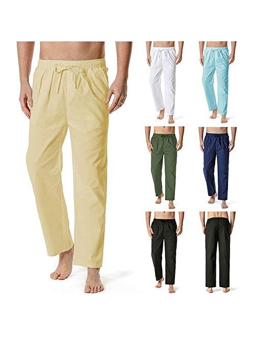 HONIEE Men’s Linen Pants Elastic Waist Drawstring Yoga Beach Trousers