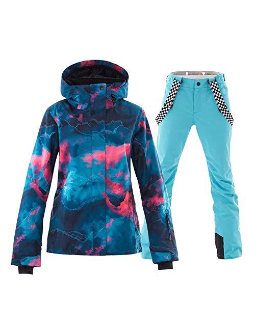 Women's Ski Jacket and Pants Set Colorful Printed Windproof Waterproof Snowsuit Rain Coat