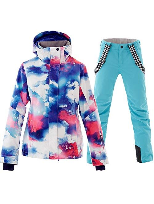 Women's Ski Jacket and Pants Set Colorful Printed Windproof Waterproof Snowsuit Rain Coat