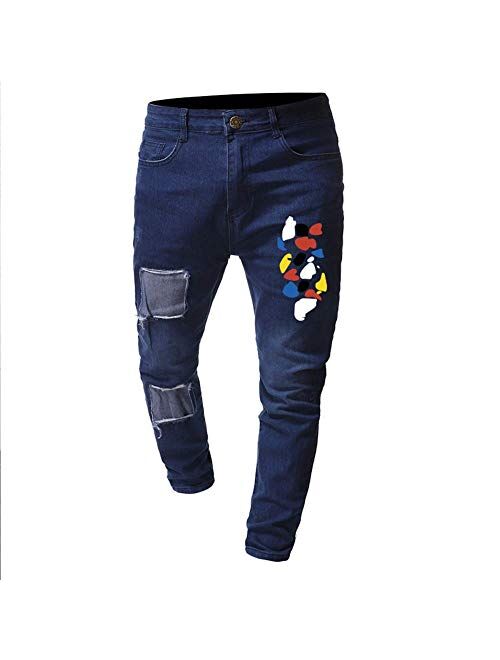 HONIEE Men's Ripped Jeans Zippered Slim Fit Skinny Stretch Jeans Pants Zipper