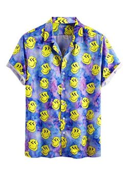 Men's Leopard Multi-Color Flower Print Casual Button Down Short Sleeve Hawaiian Shirt