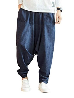 Men's Patchwork Linen Pants Casual Elastic Waist Drawstring Yoga Beach Trousers