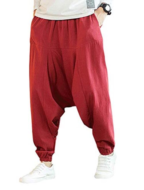 HONIEE Men's Patchwork Linen Pants Casual Elastic Waist Drawstring Yoga Beach Trousers