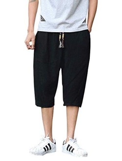 Mens Summer Casual Linen Drawstring Solid Mid Waist Beach Shorts