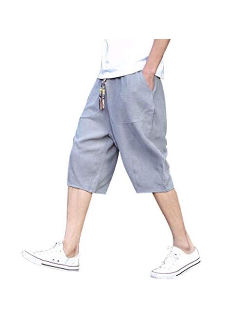 HONIEE Men’s Summer Casual Linen Drawstring Solid Mid Waist Beach Shorts