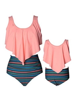 OMZIN Mother and Daughter Swimsuit High Waisted Tummy Control Matching Family Two Pieces Falbala Racerback Tankini Bikini Set