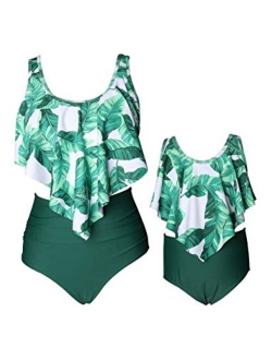 OMZIN Mother and Daughter Swimsuit High Waisted Tummy Control Matching Family Two Pieces Falbala Racerback Tankini Bikini Set