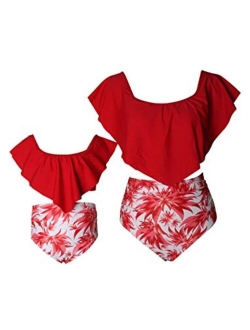 OMZIN Mother and Daughter Swimsuit High Waisted Tummy Control Matching Family Two Pieces Falbala Racerback Tankini Bikini Set