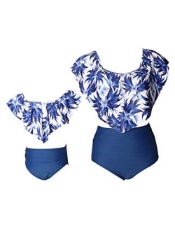 OMZIN Mother and Daughter Swimsuit High Waisted Tummy Control Matching Family Two Pieces Falbala Racerback Tankini Bikini Set