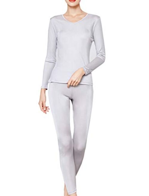 METWAY Women's Silk Long Johns |V-Neck Silk Thermal Underwear Sets|Winter Silk Long Underwear