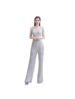 Women Casual Sequins Jumpsuit Wide-Leg Utility Long Pants Overall Romper Playsuit